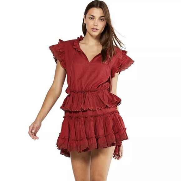 MISA Los Angeles Ruffled Rust Red Linen Mini Dress, Women's Size Small - Picture 1 of 8